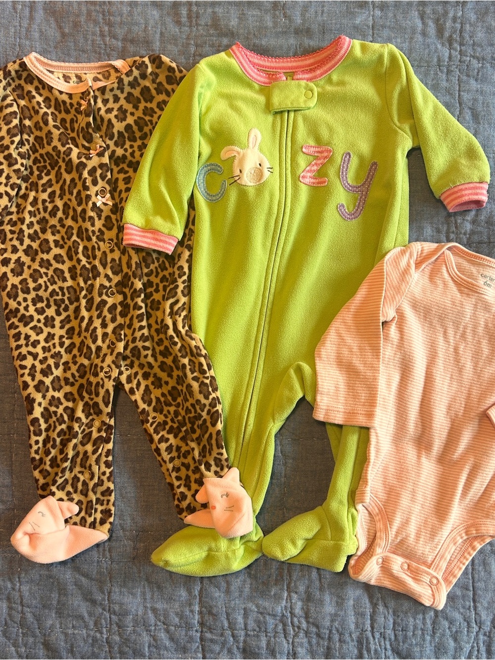 Carter's Lime Green 'Cozy' Zipper Footed One-Piece with Pink Trim 6 months